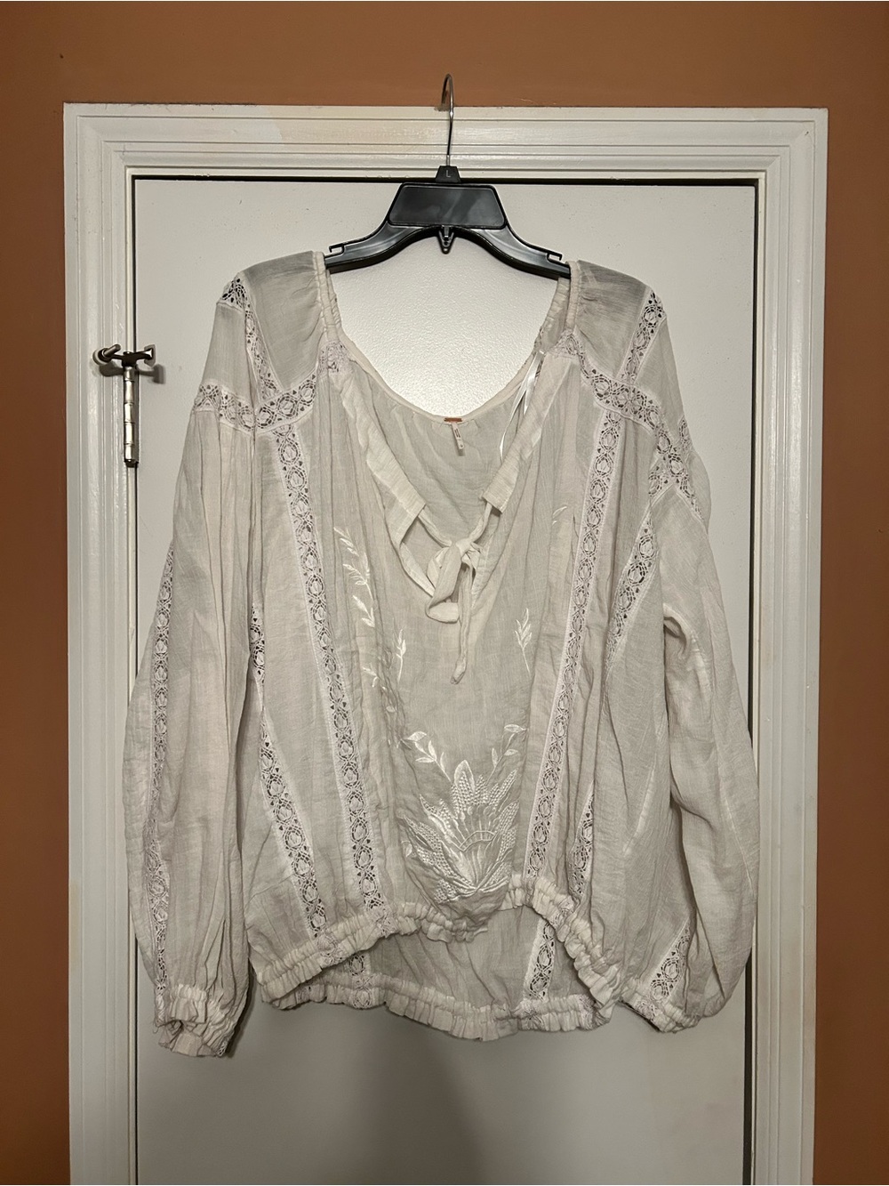Free People Boho Embroidered Lace Peasant Blouse White Large
